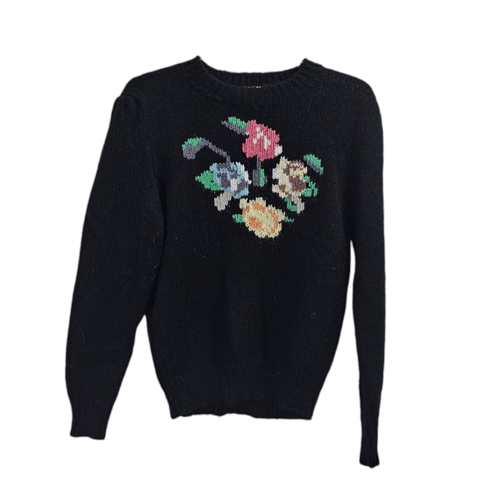 Vtg Mister NOAH Black Floral Sweater Med 100% Acrylic